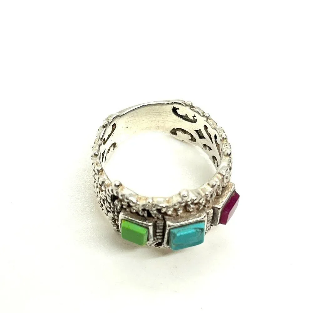 STERLING SILVER RING Multi Stone Inlay Wide Band Statement Boho Sz 8